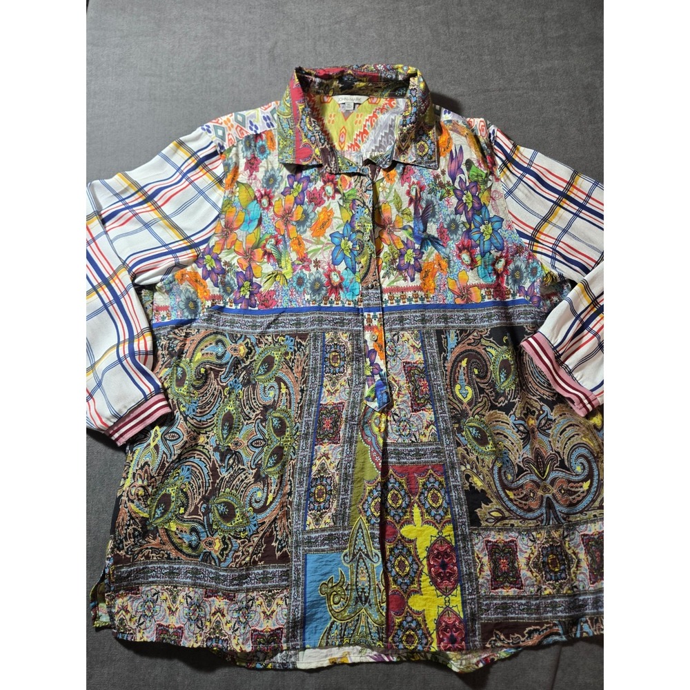 John Mark Women's Chiffon Blouse XL Multicolor Patchwork Paisley Boho Print